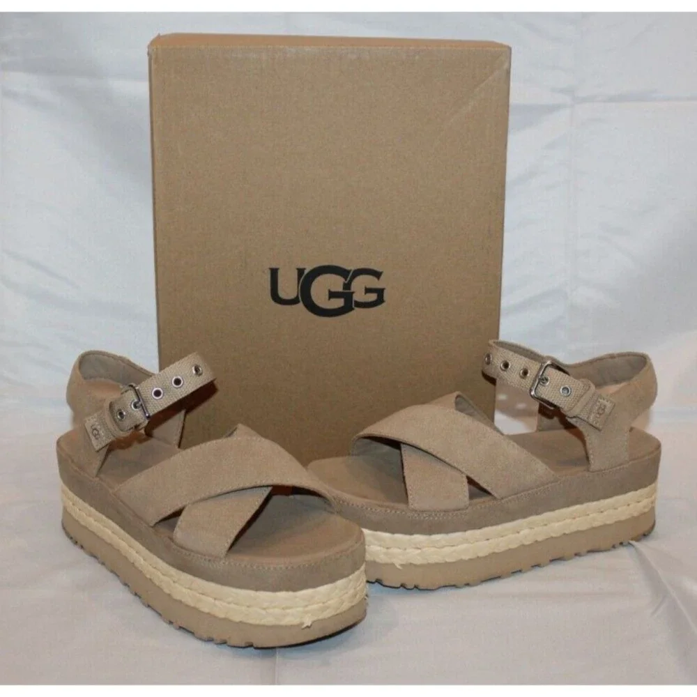 NIB Ugg Aubrey Women's Platform Ankle Suede Sandals Sand